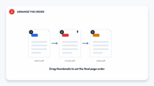 Thumbnails of three PDF files being dragged into a new order before merging