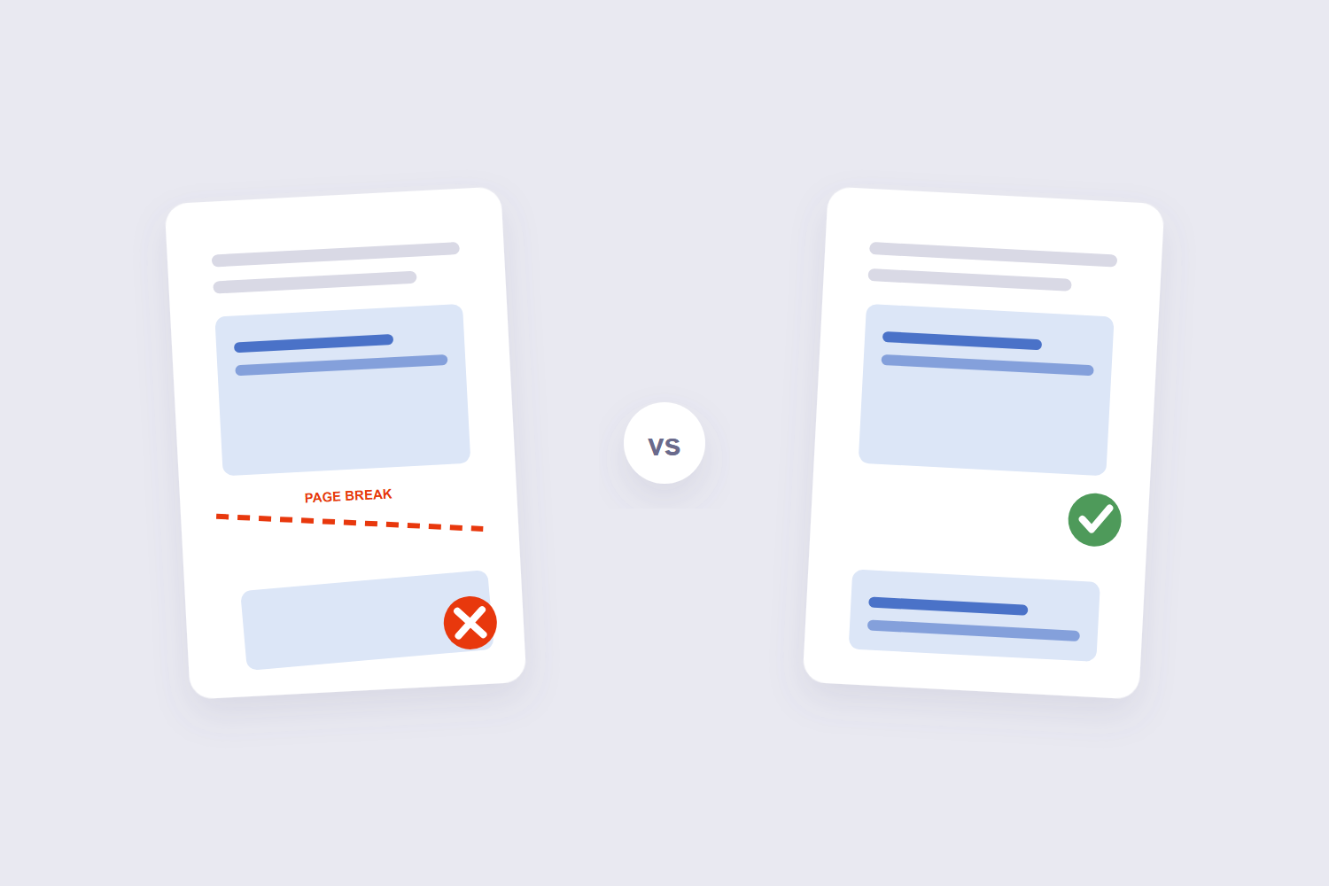 Card sliced by a page break versus clean break avoided with CSS