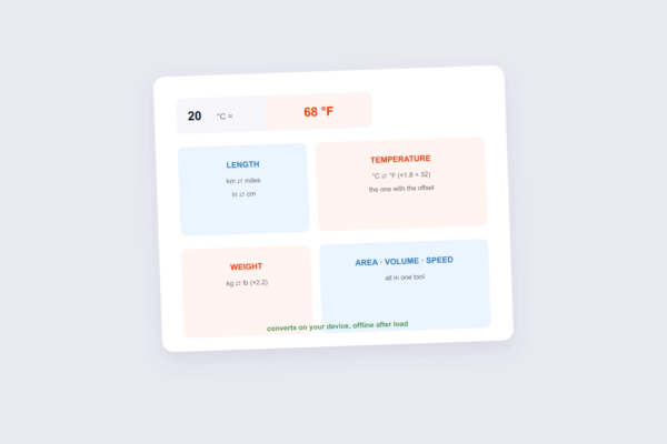 Unit converter showing temperature, length, weight and area categories