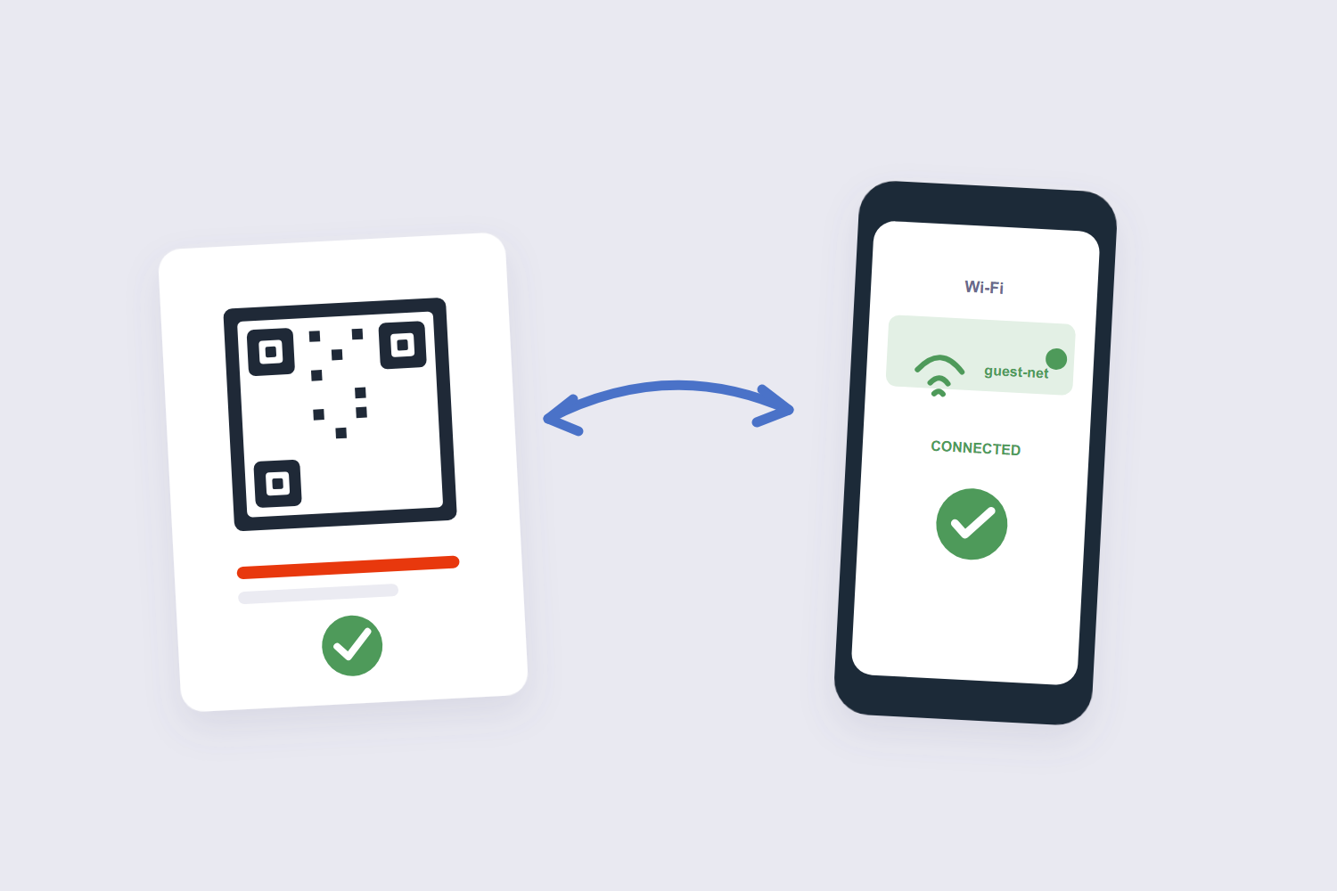 WiFi QR code scanned by a phone showing connected status